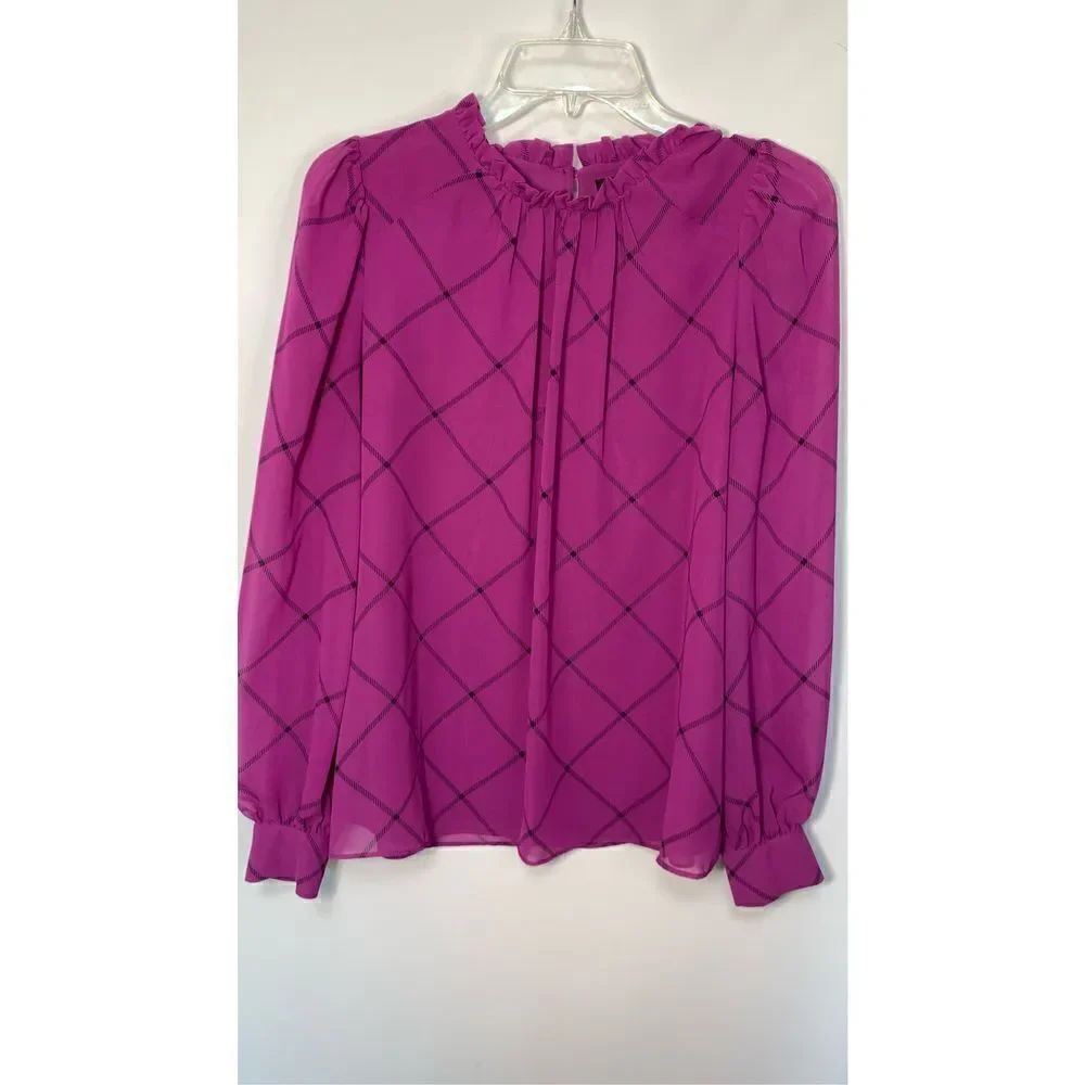 Worthington Women's Shirred High Neck Ruffle Blouse Pink & Black XS NWOT